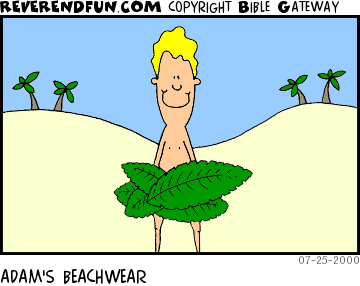 DESCRIPTION: Adam at the beach wearing palm fronds CAPTION: ADAM'S BEACHWEAR
