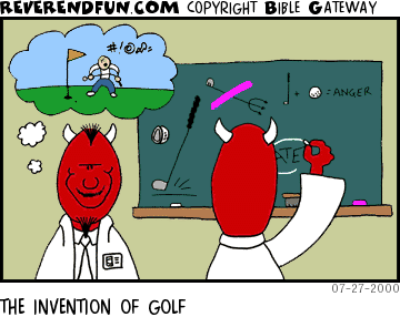 DESCRIPTION: Two devils thinking and drawing on a blackboard CAPTION: THE INVENTION OF GOLF