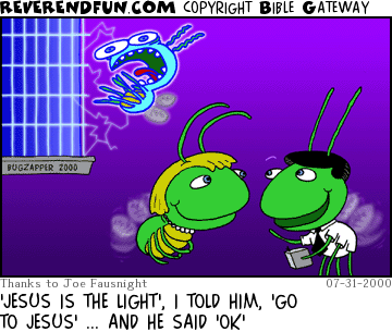 DESCRIPTION: Two bugs talking in the foreground, bug in background getting zapped in bug zapper CAPTION: 'JESUS IS THE LIGHT', I TOLD HIM, 'GO TO JESUS' ... AND HE SAID 'OK'