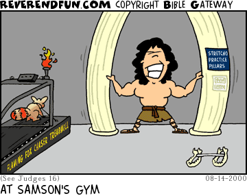 DESCRIPTION: Samson with specialized weight equipment including fox treadmill, stretch pillars and jawbone dumbells CAPTION: AT SAMSON'S GYM
