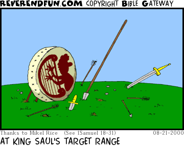 DESCRIPTION: Target with man playing harp on it ... weapons lying about, none in target CAPTION: AT KING SAUL'S TARGET RANGE