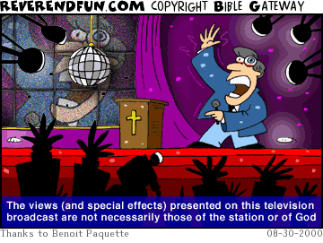 DESCRIPTION: Preacher preaching in an animated fashion, lights and cameras all about, notice on screen CAPTION: 