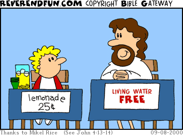 DESCRIPTION: Two stands, one with a young kid selling lemonade and one with Jesus giving away living water CAPTION: 