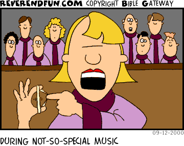 DESCRIPTION: Choir in background, choir member in foreground playing a rubberband CAPTION: DURING NOT-SO-SPECIAL MUSIC