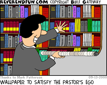 DESCRIPTION: Pastor putting up wallpaper with a book pattern on it CAPTION: WALLPAPER TO SATISFY THE PASTOR'S EGO