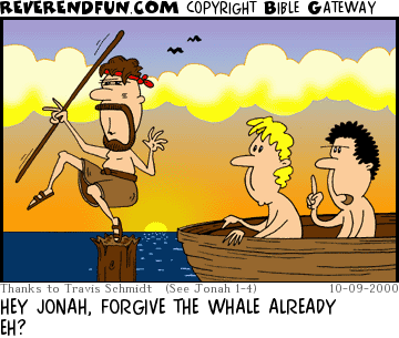 DESCRIPTION: Man standing on pole in karate pose, two men in boat looking at him CAPTION: HEY JONAH, FORGIVE THE WHALE ALREADY EH?