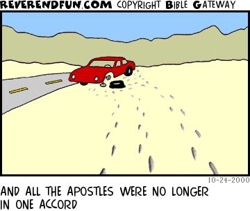 DESCRIPTION: Broken down car at side of the road CAPTION: AND ALL THE APOSTLES WERE NO LONGER IN ONE ACCORD