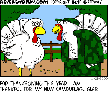 DESCRIPTION: Two turkeys talking, one wearing camouflage CAPTION: FOR THANKSGIVING THIS YEAR I AM THANKFUL FOR MY NEW CAMOUFLAGE GEAR