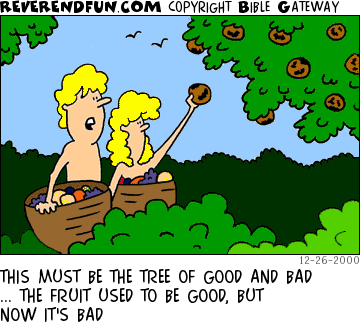 DESCRIPTION: Adam and Eve pulling fruit from a tree CAPTION: THIS MUST BE THE TREE OF GOOD AND BAD ... THE FRUIT USED TO BE GOOD, BUT NOW IT'S BAD