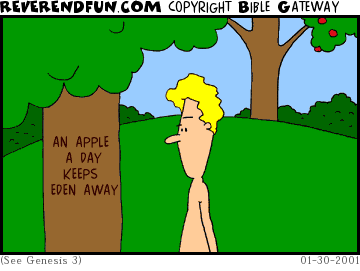 DESCRIPTION: Adam looking at tree, tree has profound message CAPTION: 