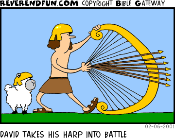 DESCRIPTION: David using a harp as a bow and shooting off multiple arrows CAPTION: DAVID TAKES HIS HARP INTO BATTLE