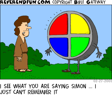 DESCRIPTION: Man talking to a walking Simon game CAPTION: I SEE WHAT YOU ARE SAYING SIMON ... I JUST CAN'T REMEMBER IT
