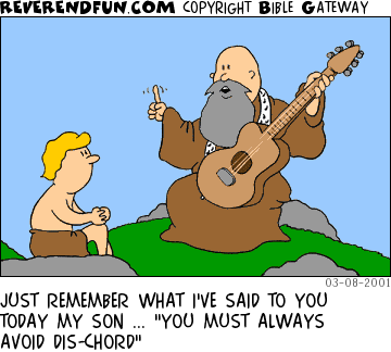 DESCRIPTION: Man with guitar sitting on a rock talking to a young boy CAPTION: JUST REMEMBER WHAT I'VE SAID TO YOU TODAY MY SON ... "YOU MUST ALWAYS AVOID DIS-CHORD"