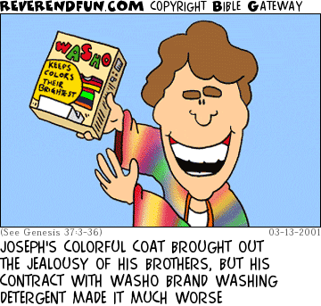 DESCRIPTION: Man holding a container of laundry detergent and smiling CAPTION: JOSEPH'S COLORFUL COAT BROUGHT OUT THE JEALOUSY OF HIS BROTHERS, BUT HIS CONTRACT WITH WASHO BRAND WASHING DETERGENT MADE IT MUCH WORSE