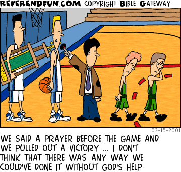 DESCRIPTION: Two tall basketball players talking to a reporter, shorter players walking away. CAPTION: WE SAID A PRAYER BEFORE THE GAME AND WE PULLED OUT A VICTORY ... I DON'T THINK THAT THERE WAS ANY WAY WE COULD'VE DONE IT WITHOUT GOD'S HELP