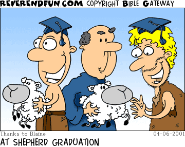DESCRIPTION: Man handing graduating students sheep CAPTION: AT SHEPHERD GRADUATION