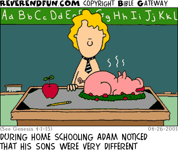 DESCRIPTION: Adam standing in a classroom looking at a desk with an apple and a pig on it CAPTION: DURING HOME SCHOOLING ADAM NOTICED THAT HIS SONS WERE VERY DIFFERENT