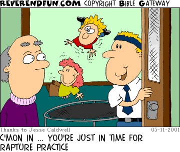 DESCRIPTION: Man standing by open door, kids jumping on trampoline in background CAPTION: C'MON IN ... YOU'RE JUST IN TIME FOR RAPTURE PRACTICE