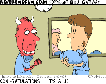 DESCRIPTION: Man in hospital handing a bundle to the devil CAPTION: CONGRATULATIONS ... IT'S A LIE
