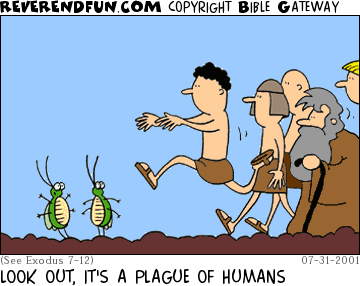 DESCRIPTION: Two bugs freaking out as people are running at them CAPTION: LOOK OUT, IT'S A PLAGUE OF HUMANS