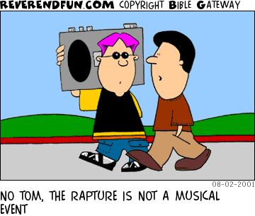 DESCRIPTION: Two kids walking, one with a radio on his shoulder CAPTION: NO TOM, THE RAPTURE IS NOT A MUSICAL EVENT