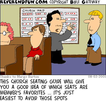 DESCRIPTION: Man showing other man a church map on the wall in the back of a church, a few occupied pews in the foreground CAPTION: THIS CHURCH SEATING GUIDE WILL GIVE YOU A GOOD IDEA OF WHICH SEATS ARE MEMBER'S FAVORITES ... IT'S JUST EASIEST TO AVOID THOSE SPOTS
