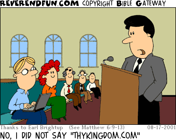 DESCRIPTION: Pastor at pulpit, man in congregation using a laptop CAPTION: NO, I DID NOT SAY "THYKINGDOM.COM"