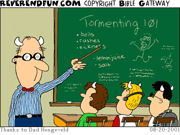 DESCRIPTION: Devil class with teaching pointing at chalkboard, chalkboard reads &quot;tormenting 101&quot; CAPTION: 