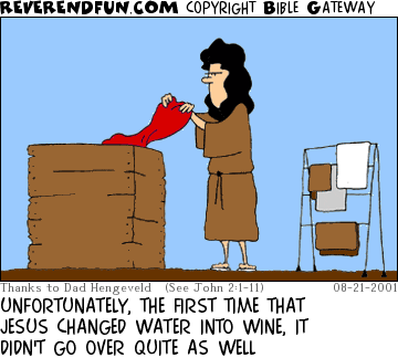 DESCRIPTION: Woman pulling red garment out of washing bin CAPTION: UNFORTUNATELY, THE FIRST TIME THAT JESUS CHANGED WATER INTO WINE, IT DIDN'T GO OVER QUITE AS WELL