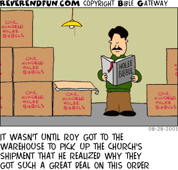 DESCRIPTION: Man standing in warehouse with boxes of Bibles CAPTION: IT WASN'T UNTIL ROY GOT TO THE WAREHOUSE TO PICK UP THE CHURCH'S SHIPMENT THAT HE REALIZED WHY THEY GOT SUCH A GREAT DEAL ON THIS ORDER