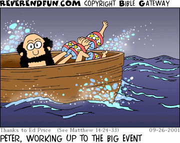 DESCRIPTION: Man in boat pulling on arm and leg floaties CAPTION: PETER, WORKING UP TO THE BIG EVENT