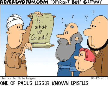 DESCRIPTION: Man holding a scroll and others looking at it CAPTION: ONE OF PAUL'S LESSER KNOWN EPISTLES