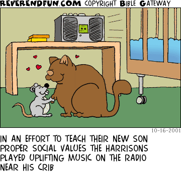 DESCRIPTION: Cat and mouse shaking paws/feet in front of a crib CAPTION: IN AN EFFORT TO TEACH THEIR NEW SON PROPER SOCIAL VALUES THE HARRISONS PLAYED UPLIFTING MUSIC ON THE RADIO NEAR HIS CRIB