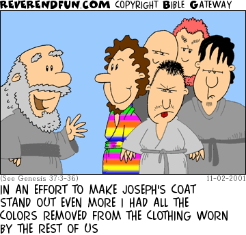 DESCRIPTION: Bunch of men wearing gray clothes except for Joseph, who is wearing his many-colored coat CAPTION: IN AN EFFORT TO MAKE JOSEPH'S COAT STAND OUT EVEN MORE I HAD ALL THE COLORS REMOVED FROM THE CLOTHING WORN BY THE REST OF US