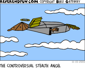 DESCRIPTION: An angel flying like a stealth aircraft CAPTION: THE CONTROVERSIAL STEALTH ANGEL