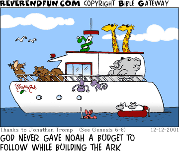 DESCRIPTION: Noah and the animals on a luxury version of the ark CAPTION: GOD NEVER GAVE NOAH A BUDGET TO FOLLOW WHILE BUILDING THE ARK