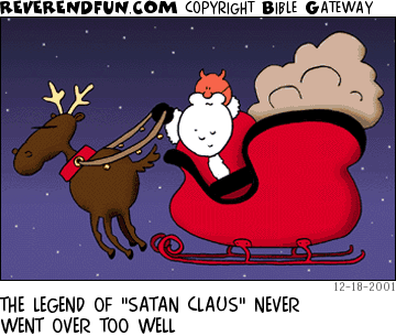 DESCRIPTION: The devil in Santa's sleigh CAPTION: THE LEGEND OF "SATAN CLAUS" NEVER WENT OVER TOO WELL