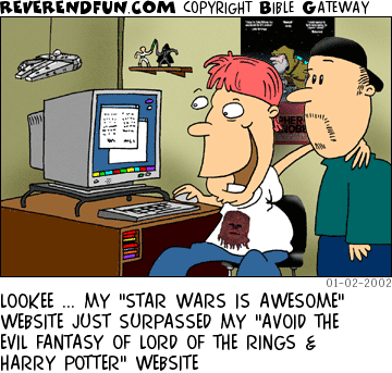 DESCRIPTION: Two dudes looking at a computer, Star Wars items all over background CAPTION: LOOKEE ... MY "STAR WARS IS AWESOME" WEBSITE JUST SURPASSED MY "AVOID THE EVIL FANTASY OF LORD OF THE RINGS & HARRY POTTER" WEBSITE