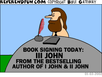 DESCRIPTION: Man sitting by table with booksigning announcement on it.  Book is John 3 CAPTION: 