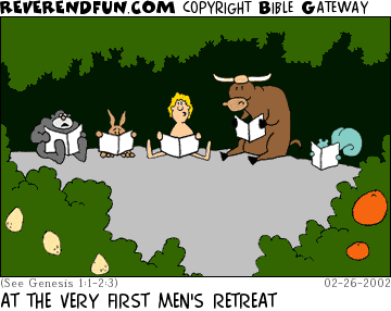 DESCRIPTION: Adam and animals sitting around with books CAPTION: AT THE VERY FIRST MEN'S RETREAT