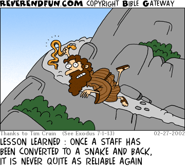 DESCRIPTION: Moses crumpled on the side of a hill while gripping a snake CAPTION: LESSON LEARNED : ONCE A STAFF HAS BEEN CONVERTED TO A SNAKE AND BACK, IT IS NEVER QUITE AS RELIABLE AGAIN