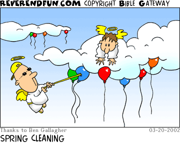 DESCRIPTION: Two angels unsticking balloons from the bottom of a cloud CAPTION: SPRING CLEANING