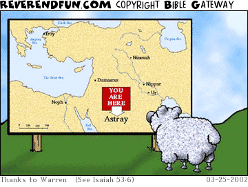DESCRIPTION: Sheep looking at a map CAPTION: 