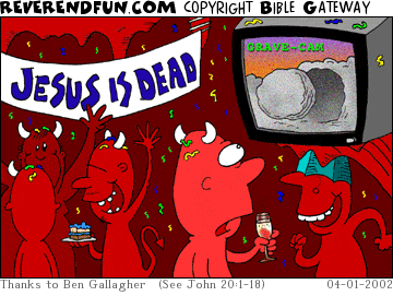 DESCRIPTION: Devils partying in hell, one looking at a monitor CAPTION: 