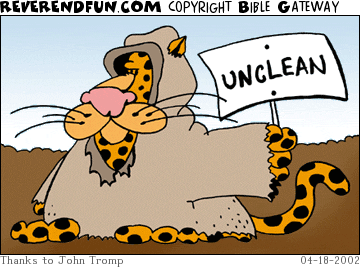 DESCRIPTION: A leopard with a sign that says 'unclean' CAPTION: 