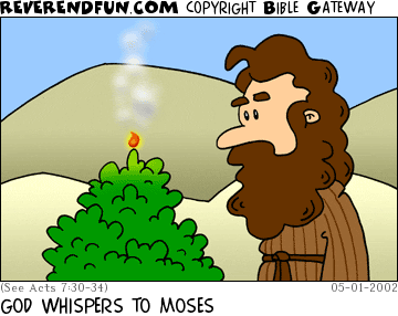 DESCRIPTION: Moses looking at a bush.  Bush has one little tiny flame on it. CAPTION: GOD WHISPERS TO MOSES