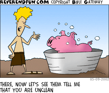 DESCRIPTION: Man washing pig in a tub CAPTION: THERE, NOW LET'S SEE THEM TELL ME THAT YOU ARE UNCLEAN