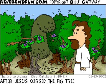 DESCRIPTION: Trees handing Jesus figs, one tree sickly looking CAPTION: AFTER JESUS CURSED THE FIG TREE