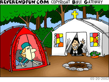 DESCRIPTION: Two men in tents.  Pastor in one church-shaped tent CAPTION: 