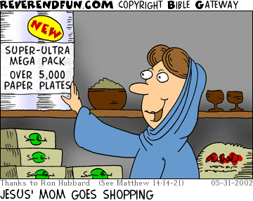 DESCRIPTION: Mary looking at shelf while shopping CAPTION: JESUS' MOM GOES SHOPPING